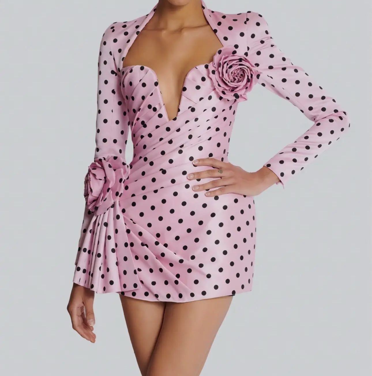 Pink Polka Dot Deep V
Neck Dress with 3D Flower
Details