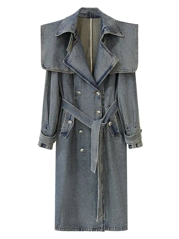 Heavy-Duty Denim Collar Long Coat