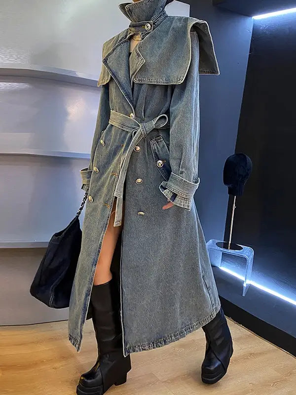 Heavy-Duty Denim Collar Long Coat