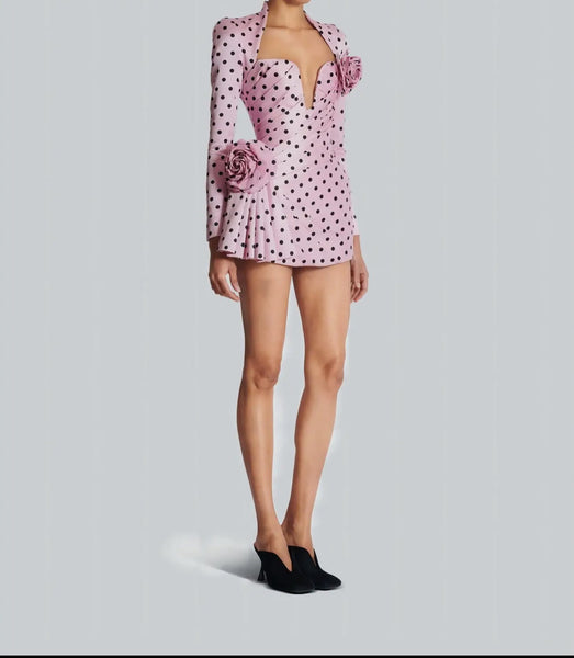 Pink Polka Dot Deep V
Neck Dress with 3D Flower
Details