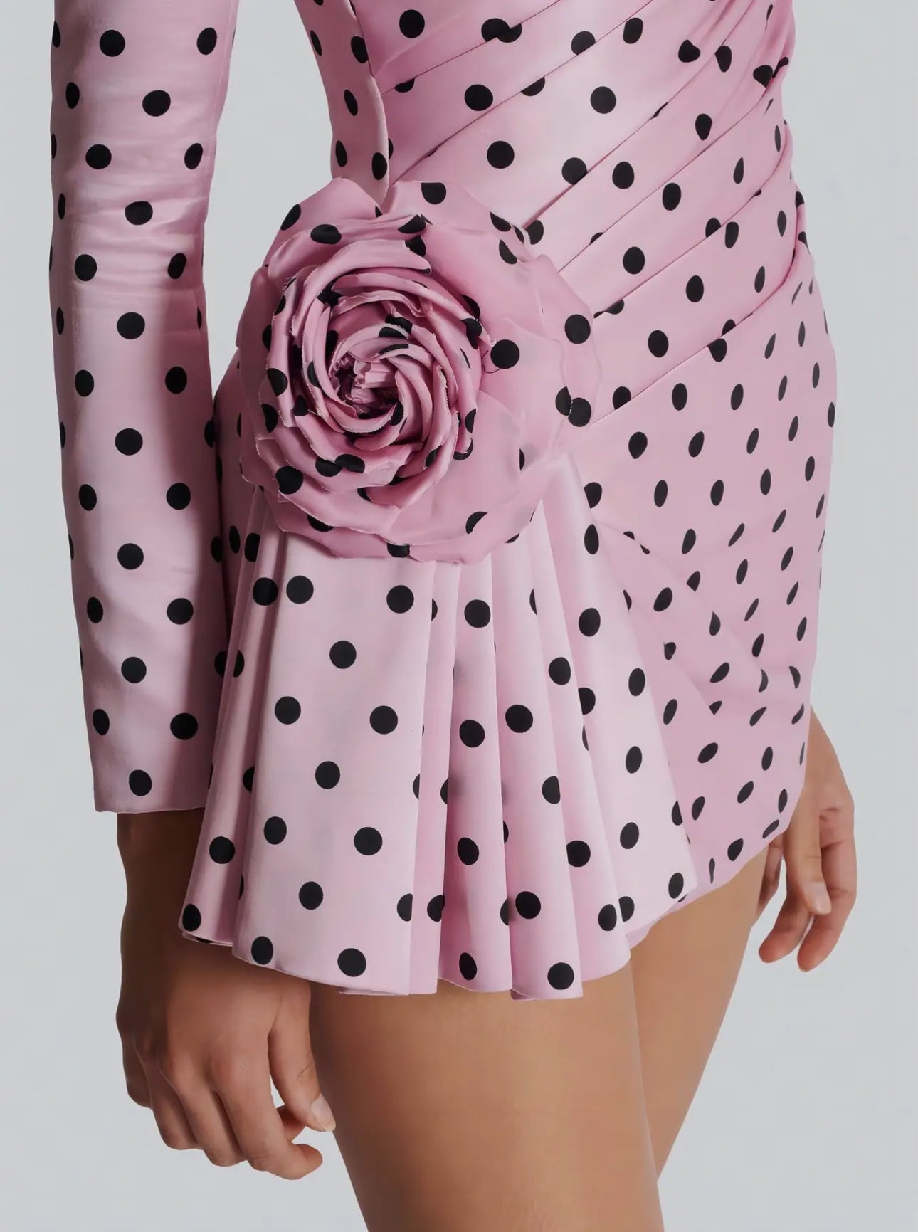 Pink Polka Dot Deep V
Neck Dress with 3D Flower
Details