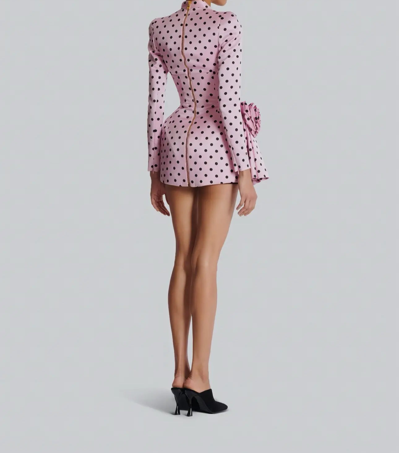 Pink Polka Dot Deep V
Neck Dress with 3D Flower
Details