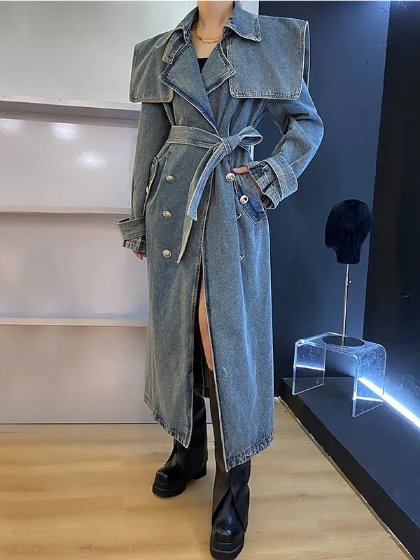 Heavy-Duty Denim Collar Long Coat