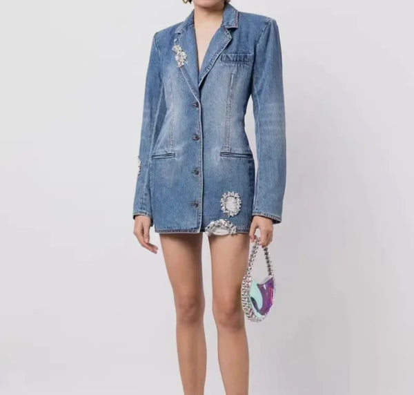 Beaded Denim Jacket Dress - Backless