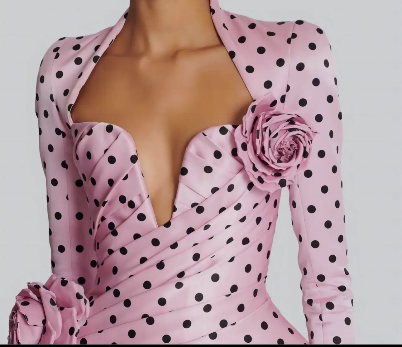 Pink Polka Dot Deep V
Neck Dress with 3D Flower
Details