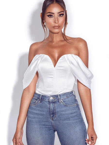 Paige Draped Off Shoulder Satin Bodysuit